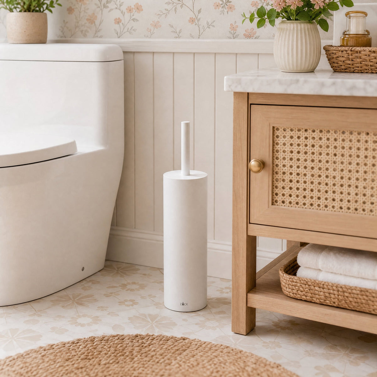 ZACK 40118 トイレブラシ:籐調の収納扉の横に白い本体を置いた設置例