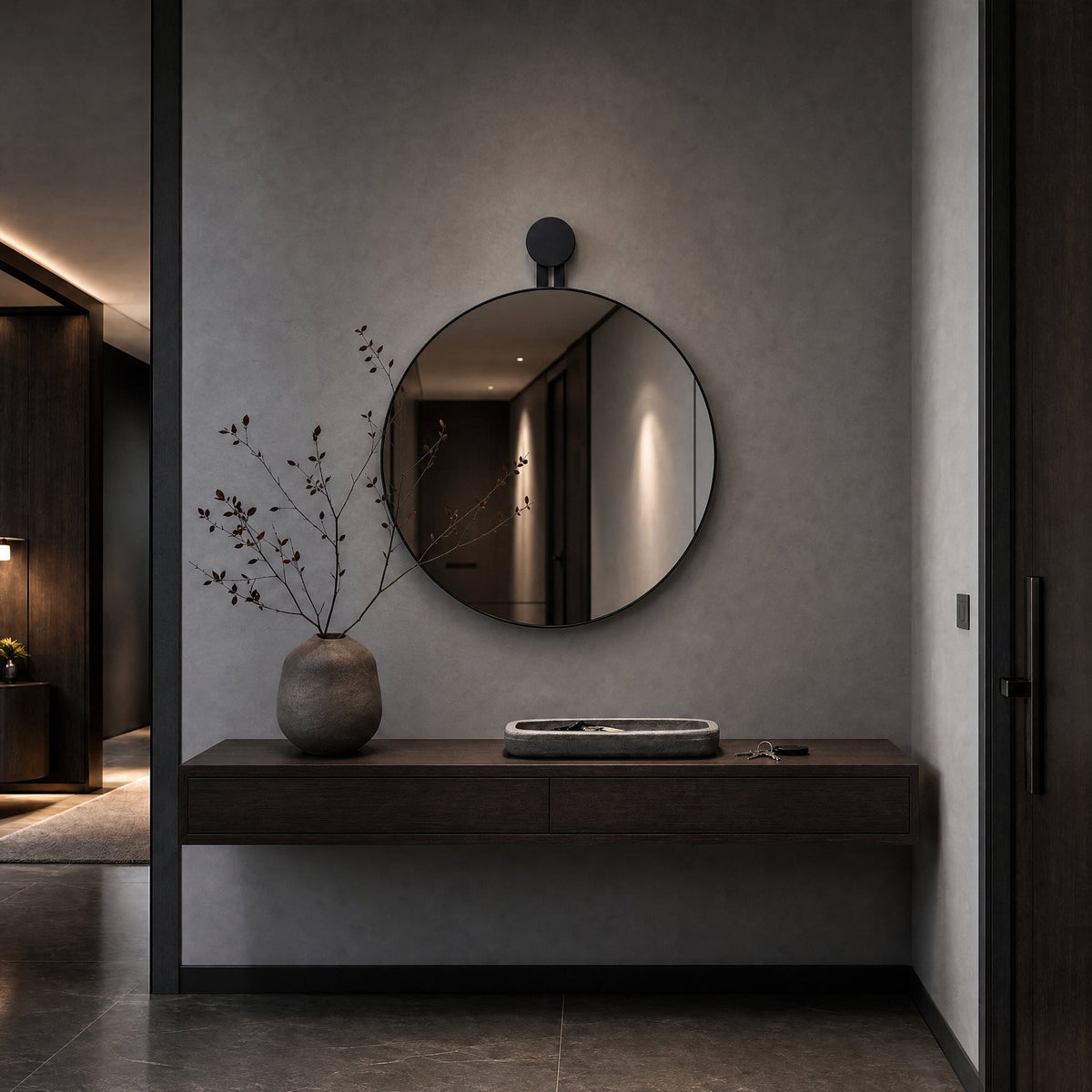 ZACK 50640 ウォールミラー:丸い鏡をコンソールテーブルの上の壁に掛けた設置例