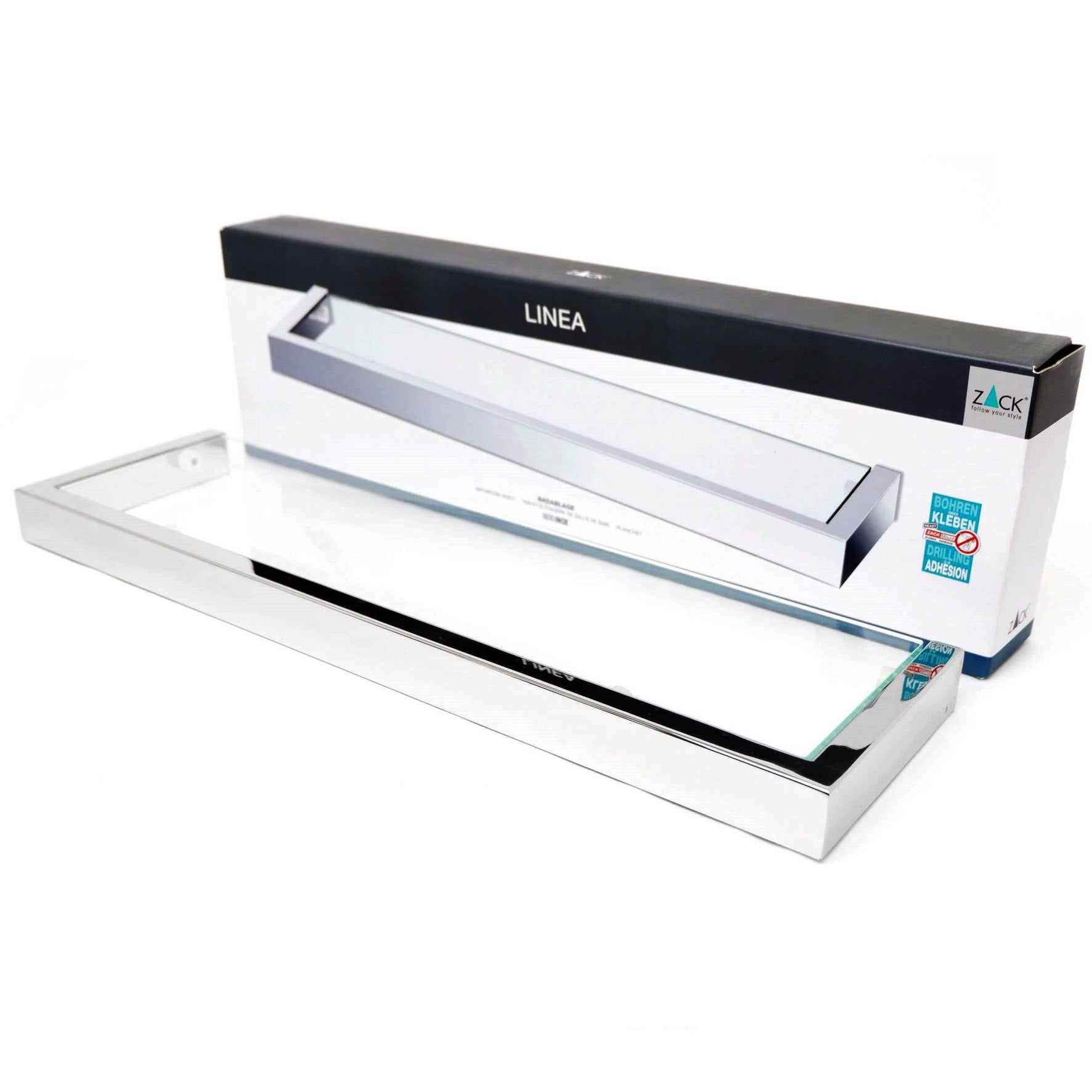 バスルームシェルフ｜ZACK 40029 LINEA MP ガラスシェルフ 洗面収納 壁設置型 幅46.5cm 奥行き13.2cm 高さ3cm ガラス板の厚み0.5cm 18/10ステンレス製 ミラーポリッシュ仕上げ H1 13