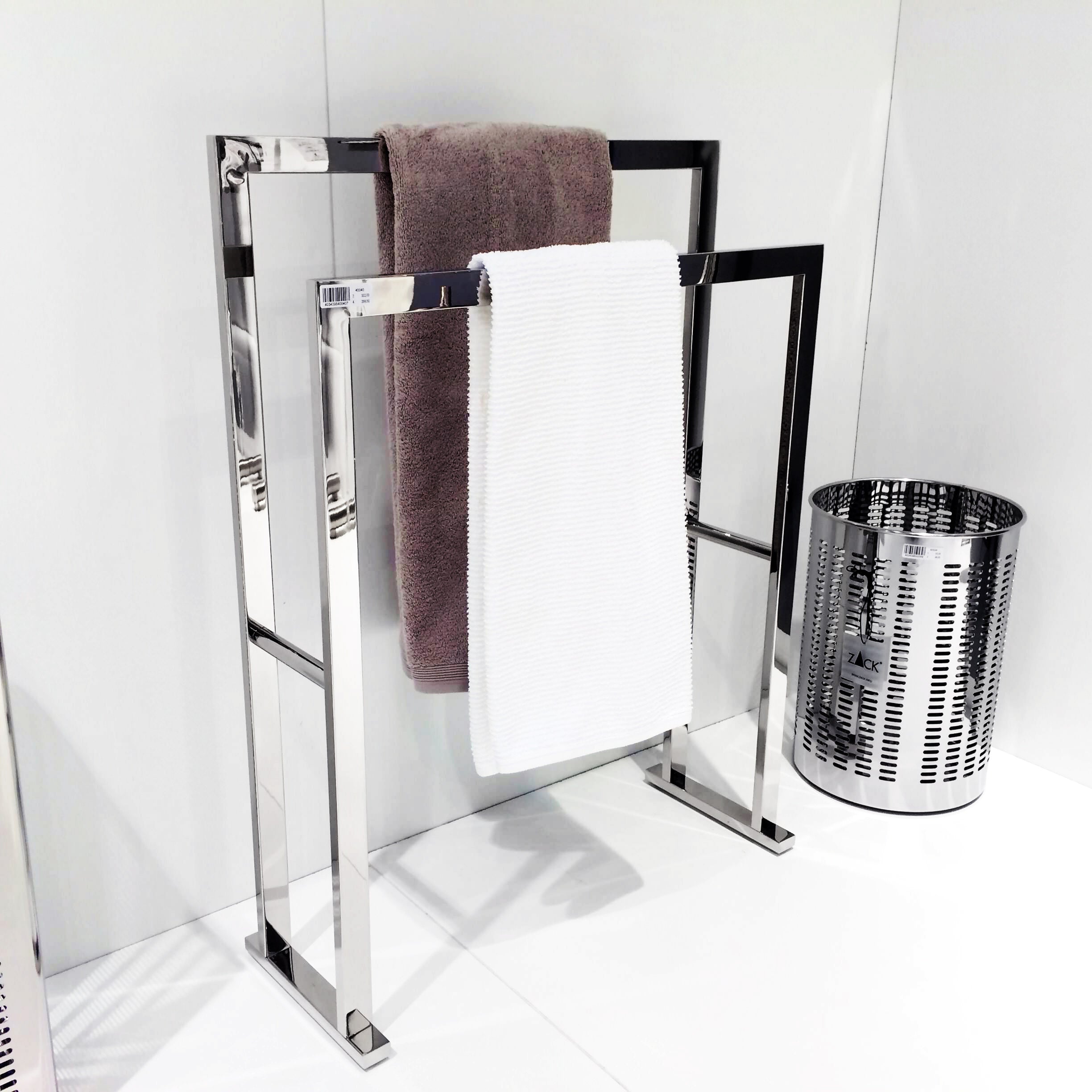 タオル掛け｜LINEA MP タオルラック ダブルタオルスタンド 高さ80(70)cm 幅60cm 奥行き22cm 18/10ステンレス製 ミラーポリッシュ仕上げ 40040