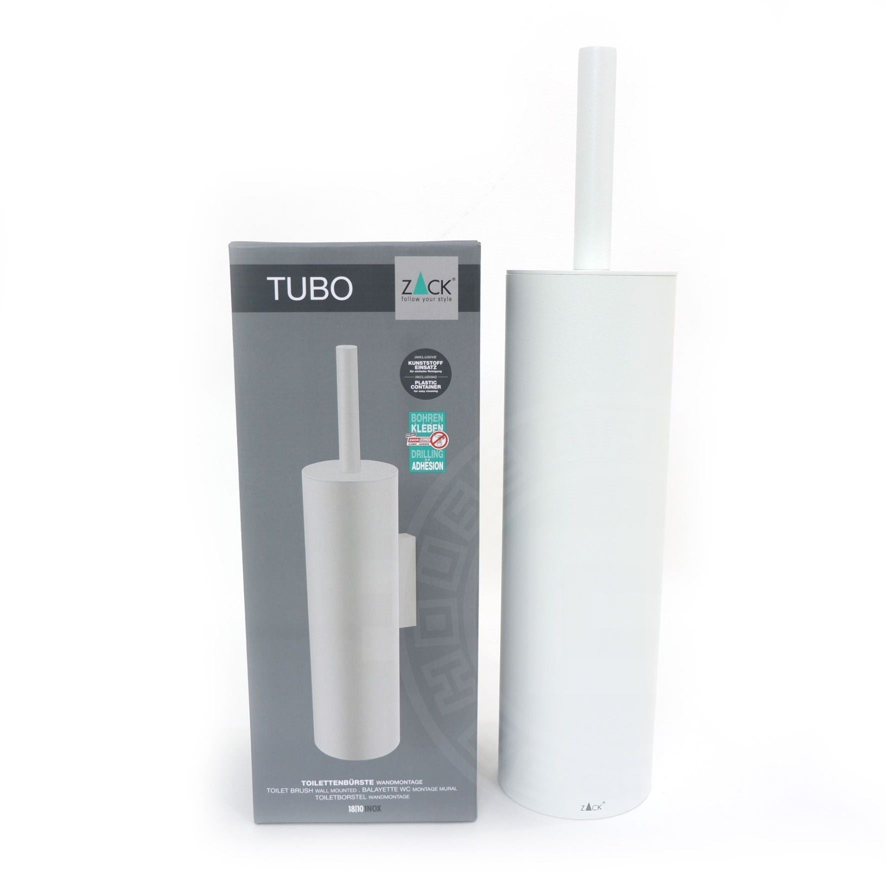 トイレブラシ｜TUBO MW 壁設置タイプ トイレ掃除 長さ40.4cm ケース直径9cm 18/10ステンレス製 マットホワイト 40117