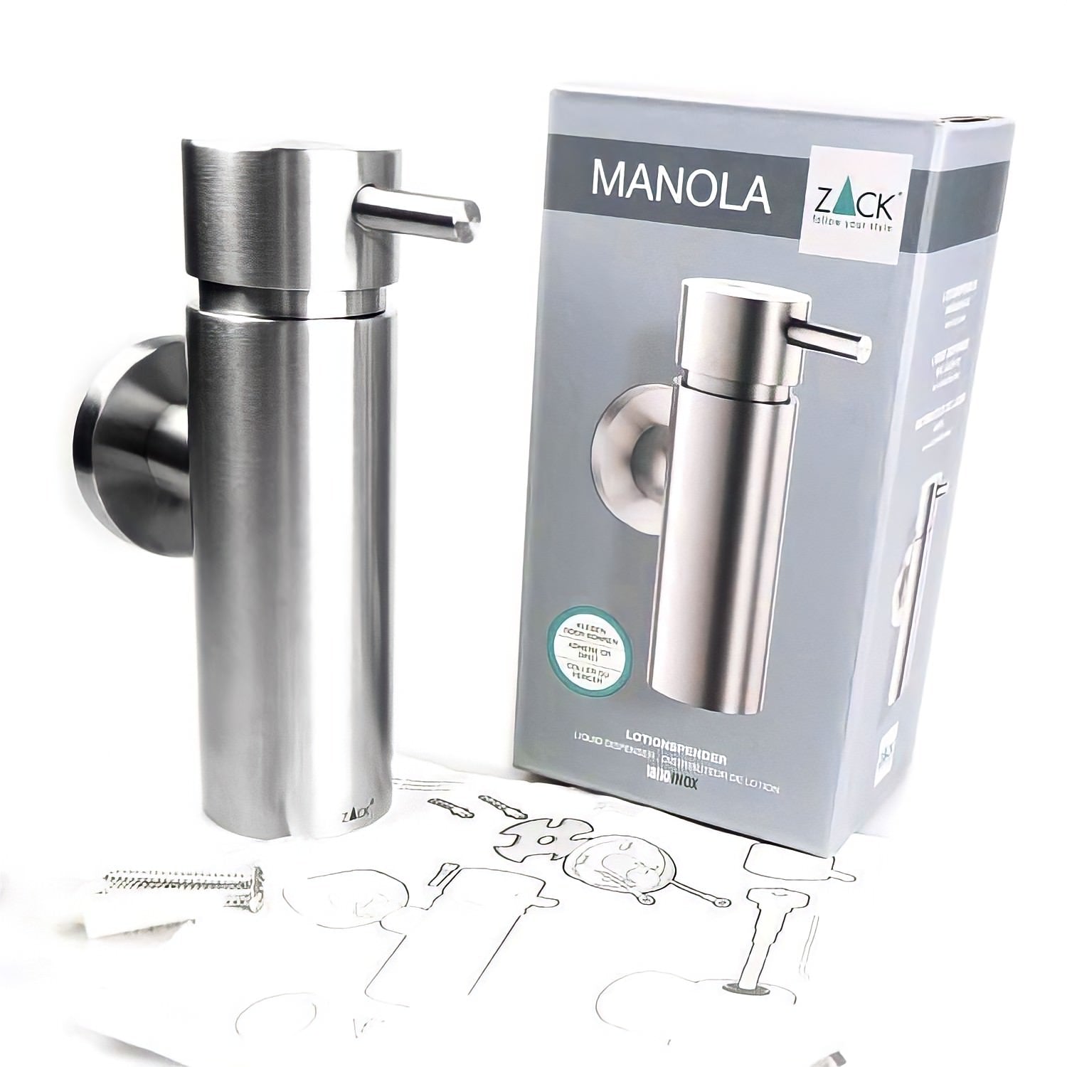 リキッドディスペンサー｜MANOLA HL 液体用ソープ リキッドソープ 壁設置タイプ 高さ16.5cm 直径5cm 175ml 18/10ステンレス製 ヘアライン仕上げ 40309