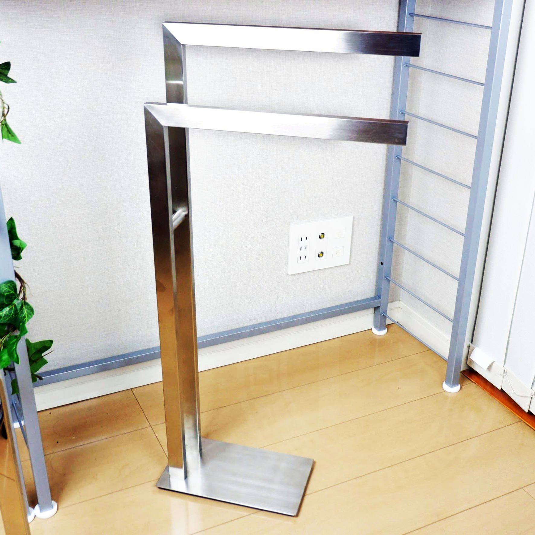 タオル掛け｜LINEA HL タオルスタンド タオルラック ダブルタオルスタンド 高さ80(70)cm バー長さ38.5cm 奥行き15cm 18/10ステンレス製 ヘアライン仕上げ 40377