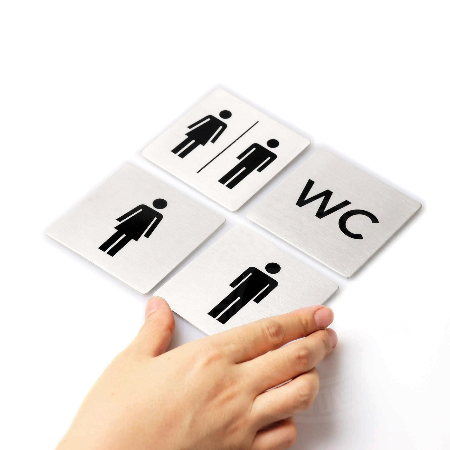 ピクトグラム｜INDICI HL ドアプレート サインステッカー ドアシンボル トイレ表示 シール接着 縦8cm 横8cm 18/10ステンレス製 ヘアライン仕上げ 50712