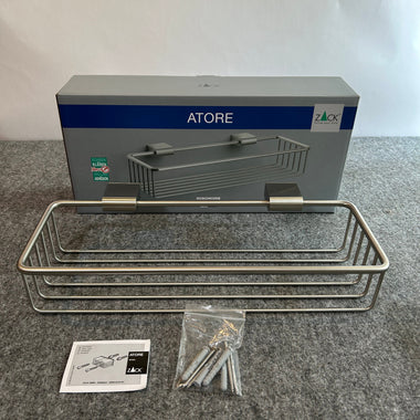 [SAMPLE] シャワーバスケットL｜ZACK 40426 ATORE HL バスラック バスルームラック 洗面収納 壁設置タイプ 幅37cm 高さ13.5cm 奥行き16.5cm 18/10ステンレス製 ヘアライン仕上げ H1 [在庫有り]
