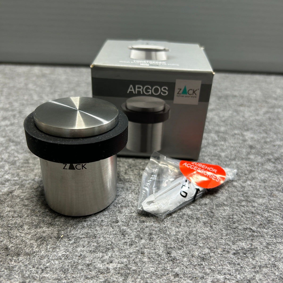 [SAMPLE] ドアストッパー｜ZACK 50617 ARGOS HL 玄関ストッパー 扉ストッパー 固定タイプ 戸当り 床付 直径5cm 高さ5cm 18/10ステンレス製 ヘアライン仕上げ
