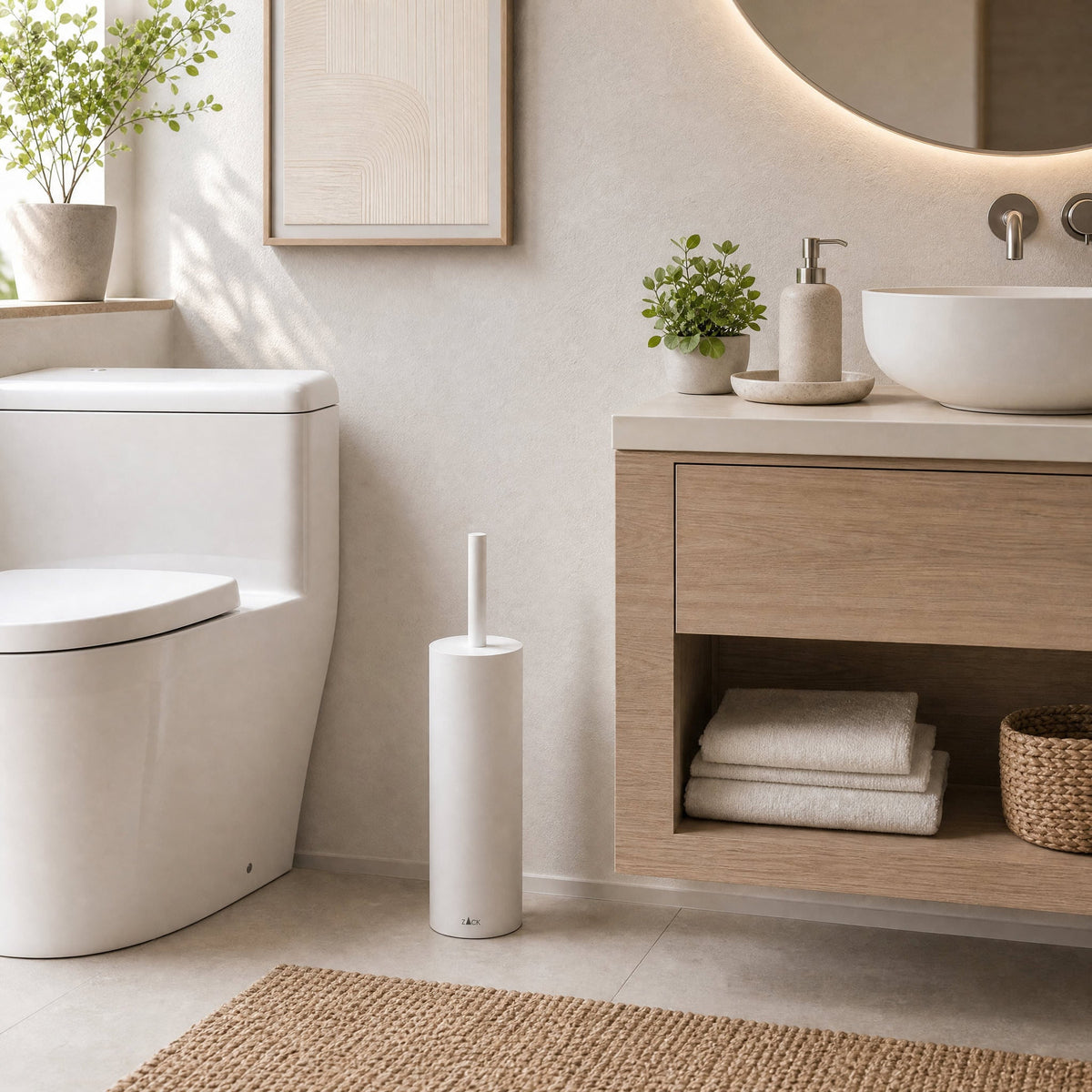 ZACK 40118 トイレブラシ：木のカウンターがある洗面台の横に白い本体を置いた設置例