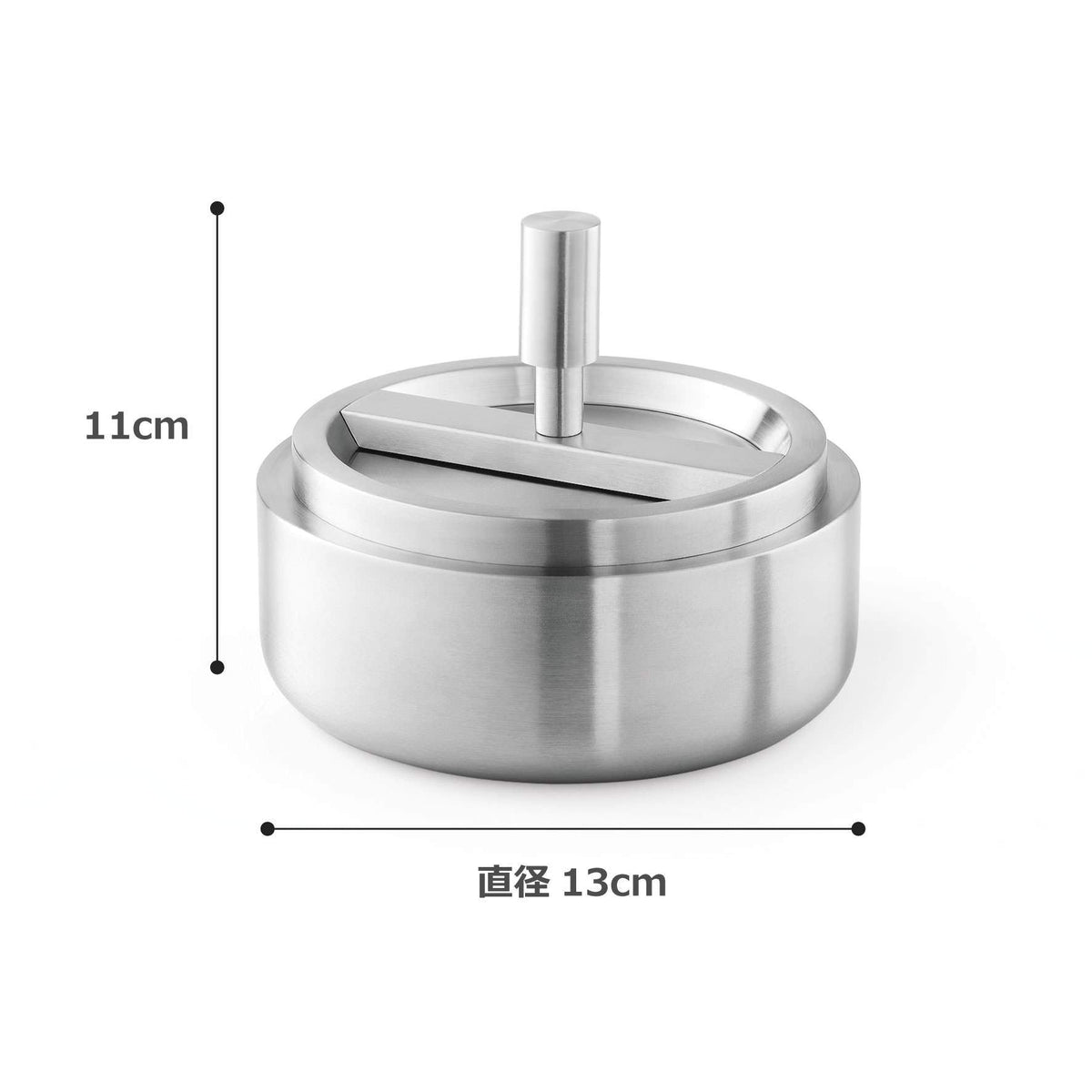 ZACK 50163 CONTAS ステンレス製回転式灰皿：高さ11cm・直径13cmを示す寸法図